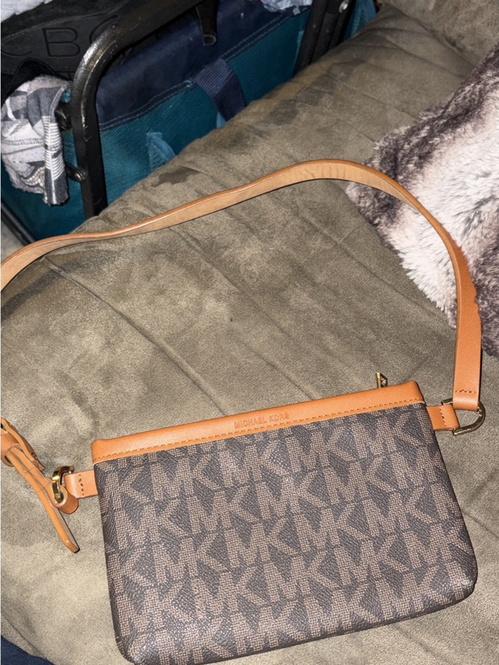 Michael Kors Brown MK Logo Crossbody with Tan Leather Trim